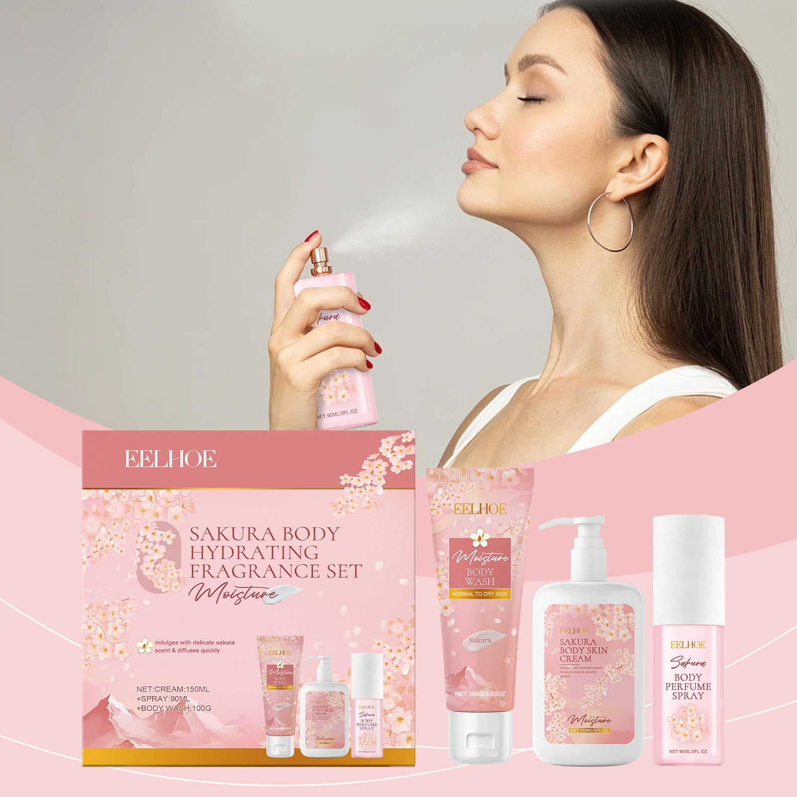 27.94 USD - Cherry Blossom Body Care Box, Gentle Cleansing Water, Moisturizing and Nourishing for the Skin, Scented