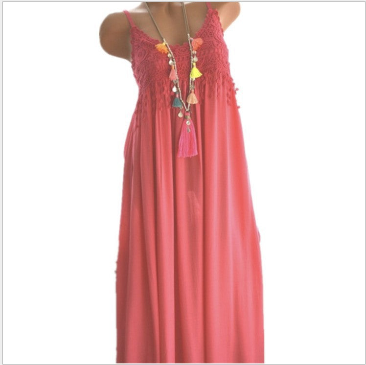 27,14 USD - Robe mi-longue à bretelles, sexy, en dentelle unie et empiècements,