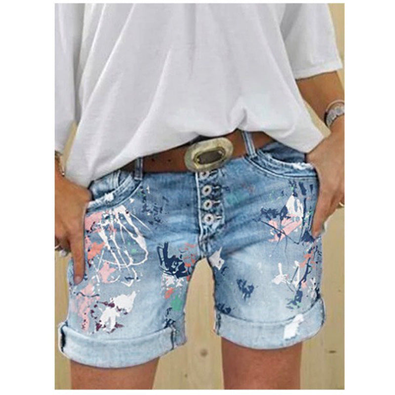 Short en jean imprimé taille haute élastique pour femme, fermeture boutonnée, grande taille, modèle tendance
