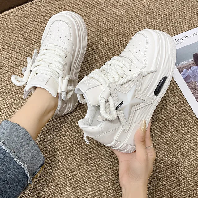Women's Platform Sneakers, Casual Sports Shoes, Custom Star Design, Vulcanized, for Outdoor Running and Walking, Sizes 35-40.