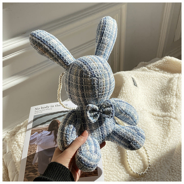 Cute Red Mesh Rabbit Handbag for Doll, Trendy Girl's Bag with Pearl Chain and Coin Purse
