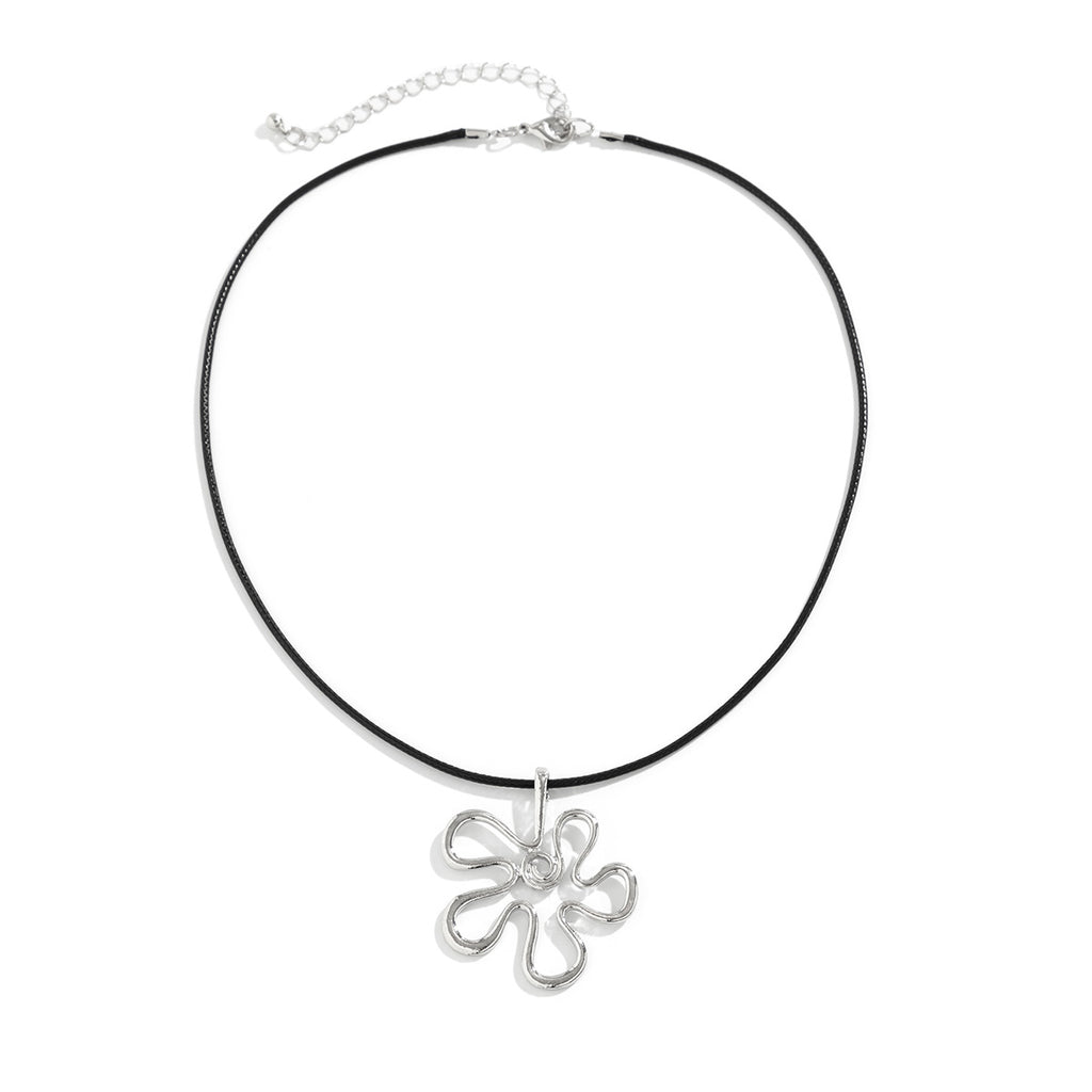 Collar retro floral femenino de cuerda negra calada, estilo versátil