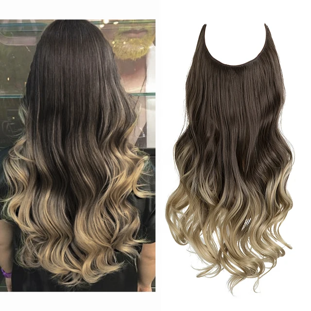 Extension capillaire monobloc pour femme offrant un volume généreux ; modèle en forme de U avec fil invisible, pour une chevelure longue, bouclée et naturelle.