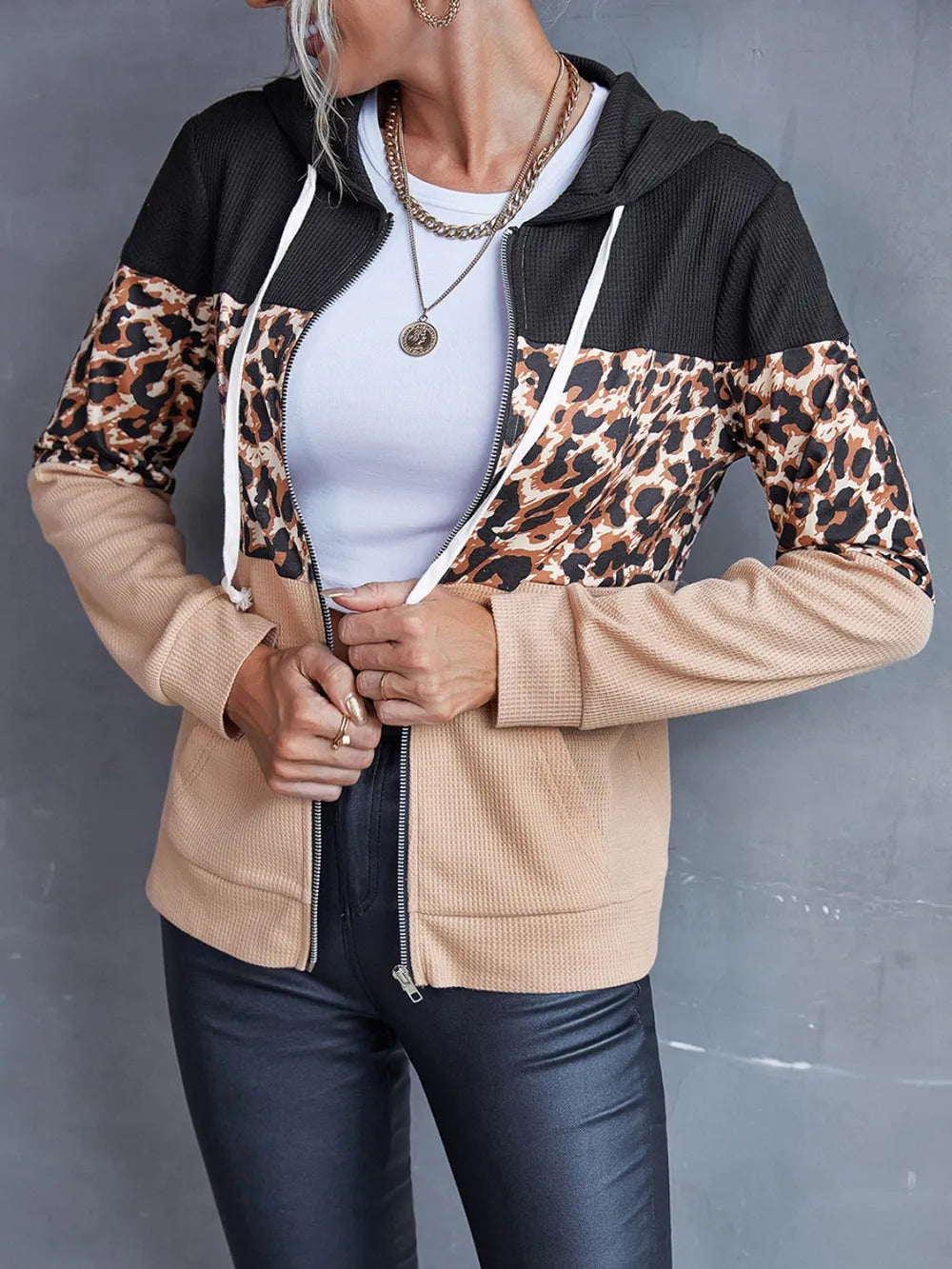 Leopard print zipped hoodie with drawstring