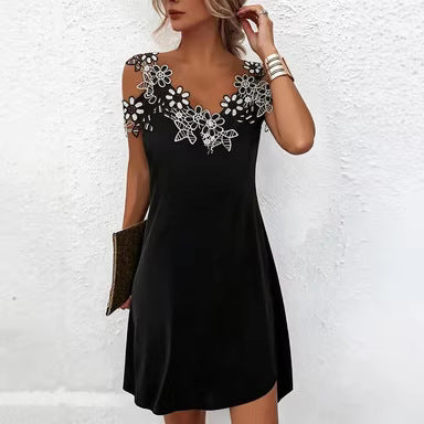 Women's V-Neck Patchwork Lace Off-Shoulder Dress
