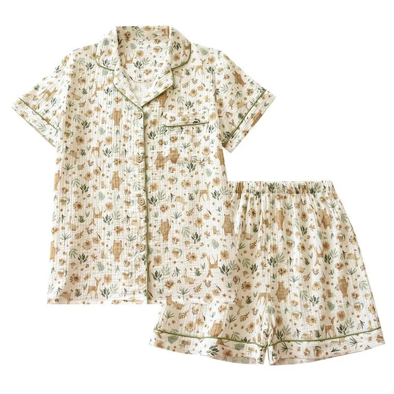 Ensemble de pyjama 2 pièces pour femme (été) – 100 % coton (gaze) – Manches courtes, imprimé floral – Vêtement d'intérieur / Tenue de nuit