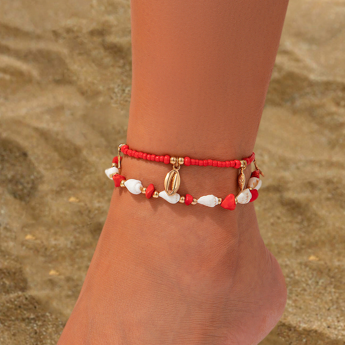 Ensemble de 3 bracelets de cheville style plage décontracté (perles de riz rondes et chaînette en acrylique avec pendentifs goutte d'eau et pièce)