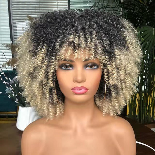 Perruque afro bouclée noire en fibres synthétiques, ensemble complet