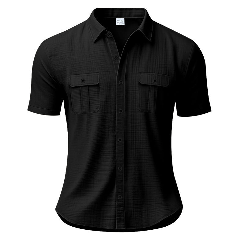 Men's short-sleeve casual linen shirt, solid color, patch pocket, button-down, loose fit, turn-down collar