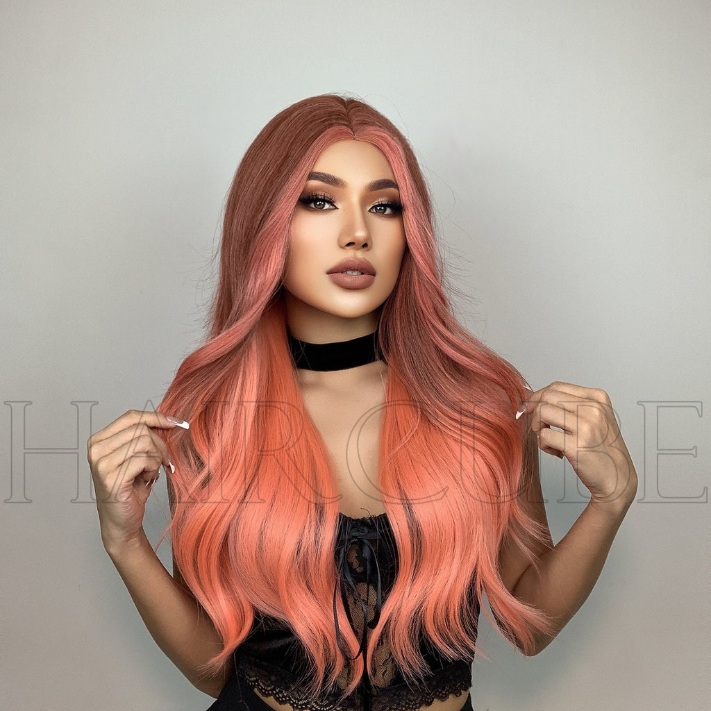 Perruque longue et bouclée de 61 cm (24 pouces) pour femme, raie au milieu, orange et rose.