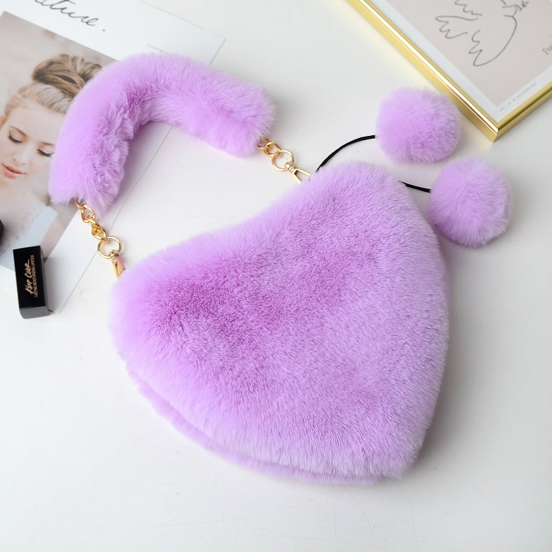 Women's Cyber Red Fashion Plush Heart-shaped Handbag, Slanted Style, with Hair Clip and Wallet.