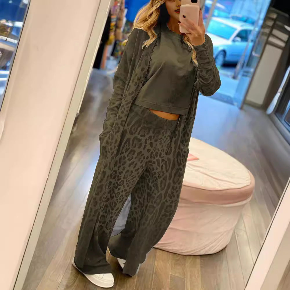 Ensemble deux pièces pour femme : veste cardigan à manches longues et pantalon long, motif léopard