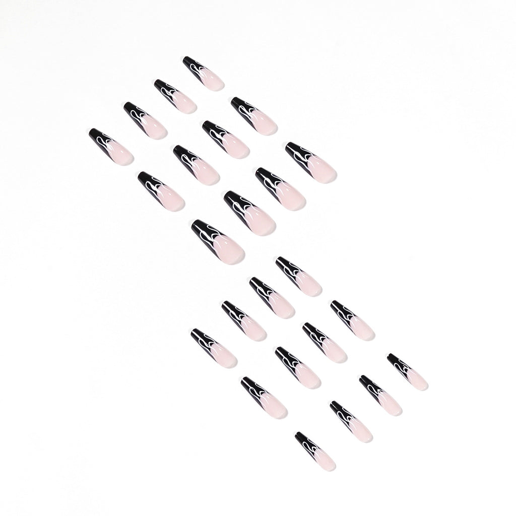 Black French Flame Effect False Nails, Nail Patches, Fake Nails