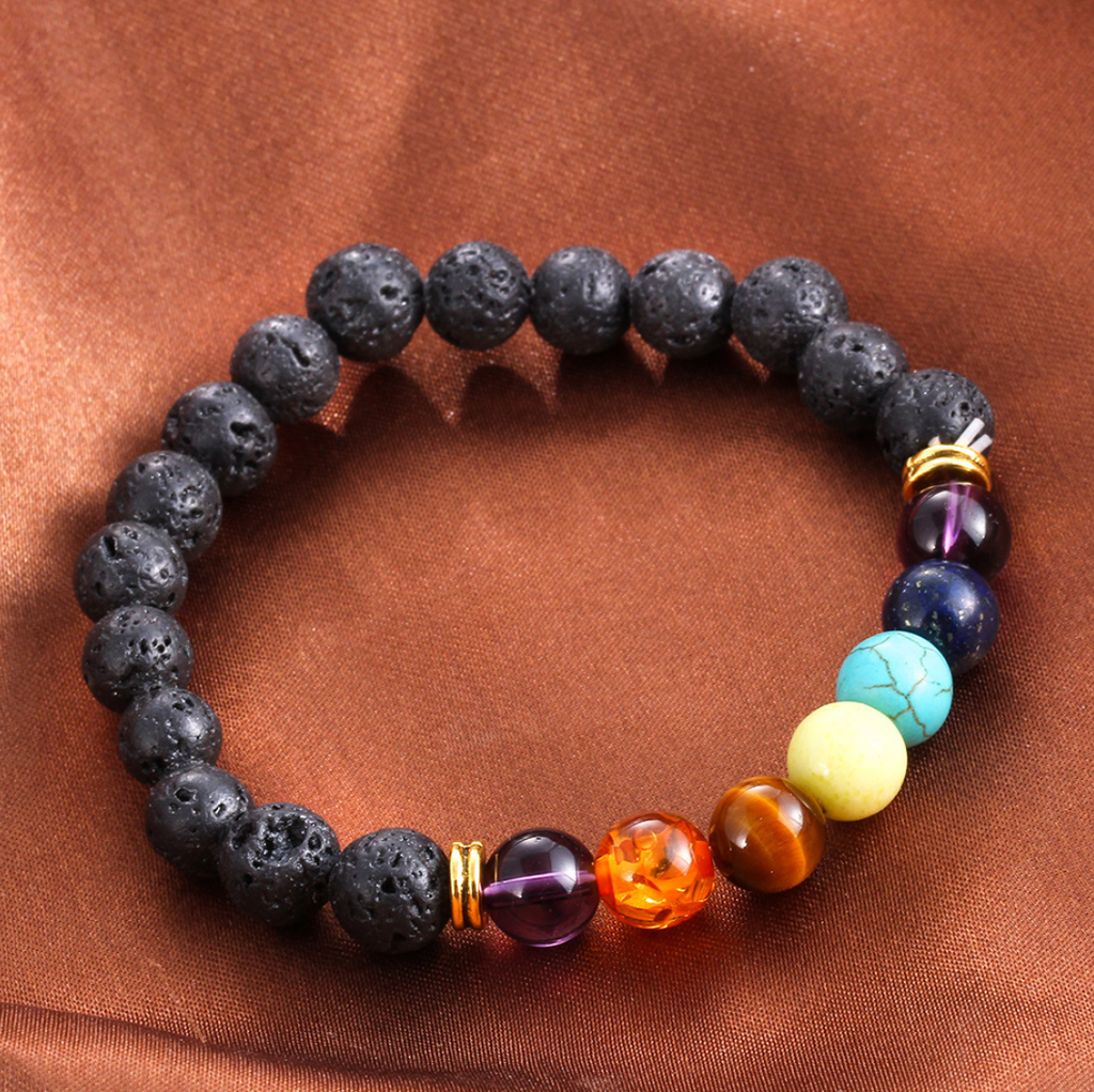 12.81 USD - 7 Chakra Bracelet in Natural Lava Stone - Healing and Balance Beads - Yoga Diffuser and Buddha Prayer Bracelet - Women's Jewelry