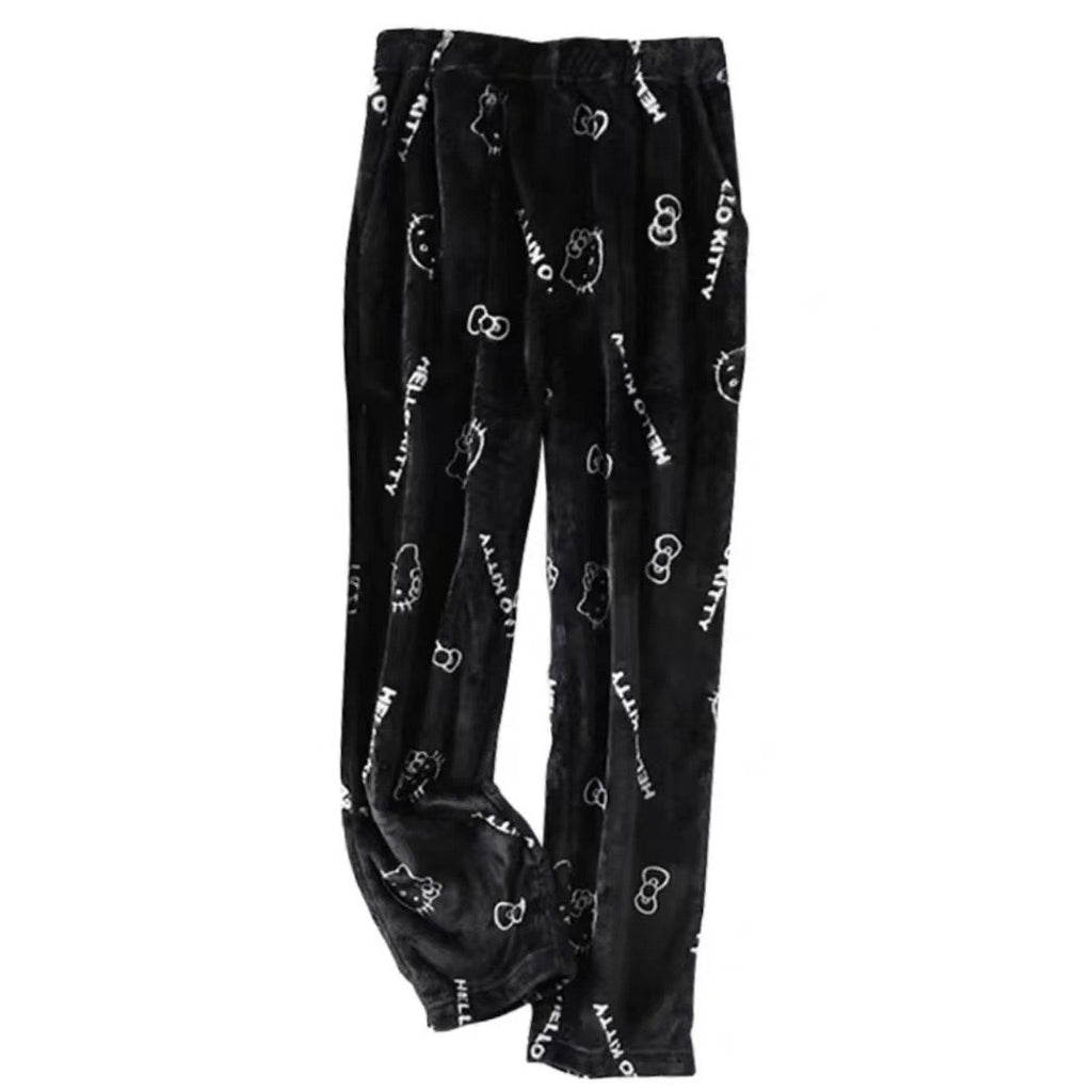 17.47 USD - Thick, warm, and comfortable flannel pajamas for women, with a Hello Kitty cat pattern, ideal for home wear.
