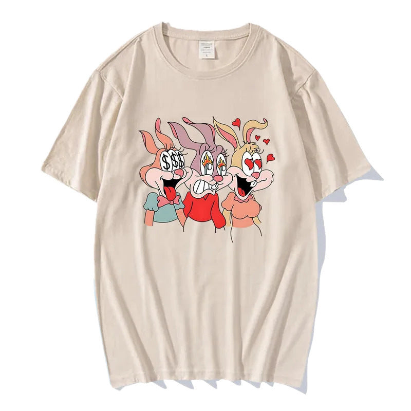 16.88 USD T-shirt unisexe à manches courtes, imprimé lapin mignon, en polyester fin noir et blanc, pour hommes et femmes.
