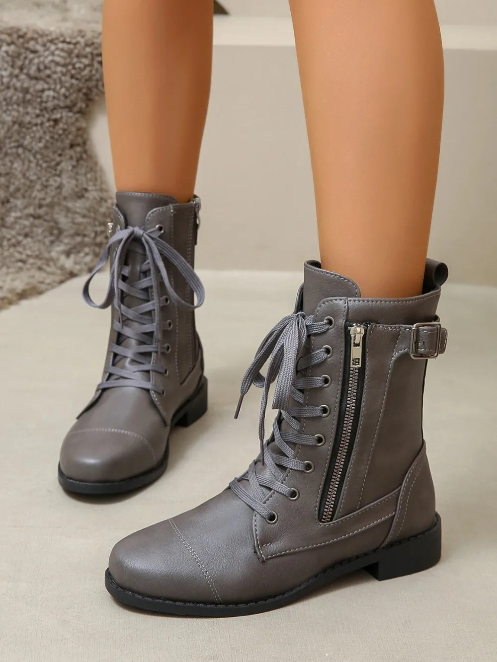Lace-up PU leather boots