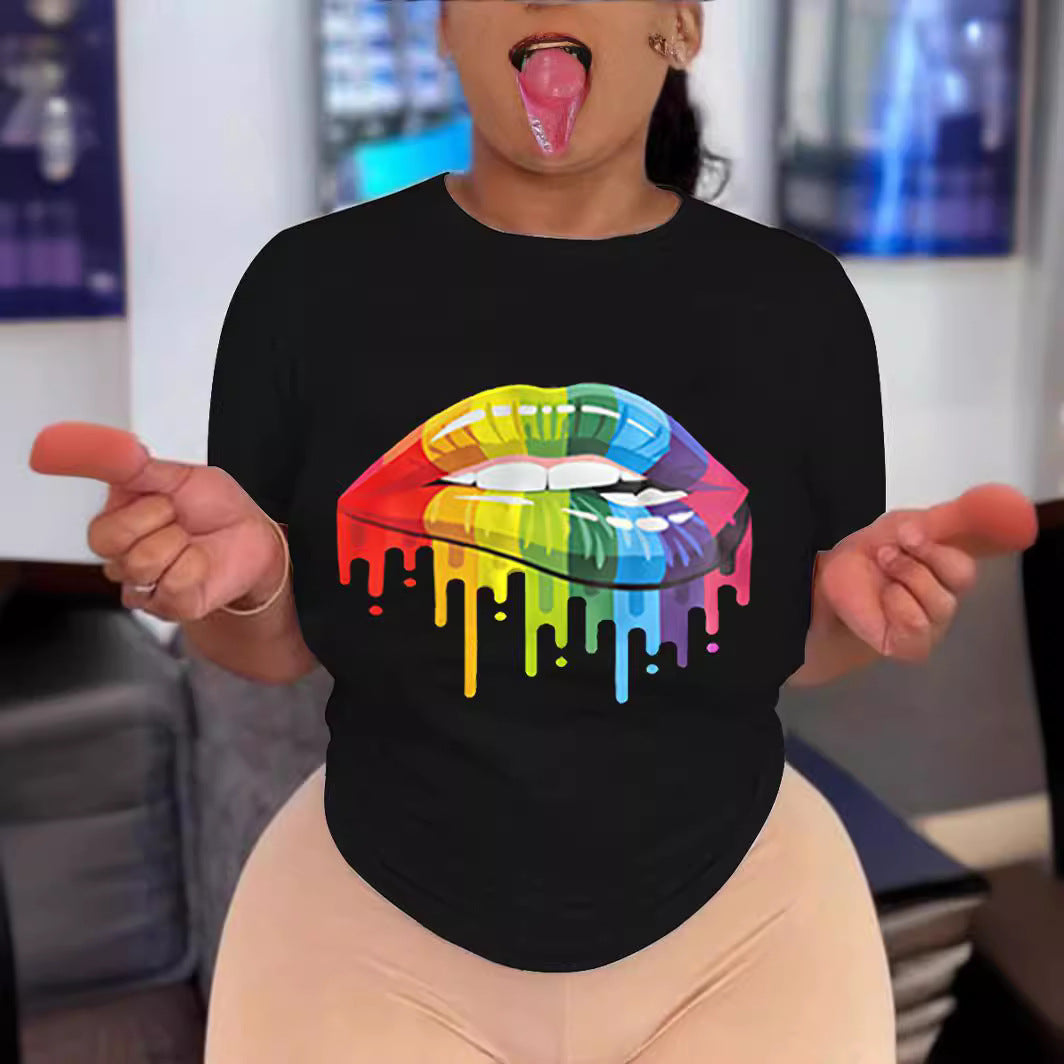 T-shirt pull à col rond imprimé lèvres pour femme