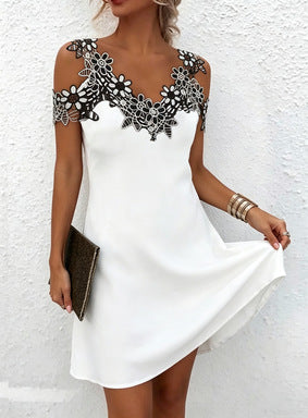 Women's V-Neck Patchwork Lace Off-Shoulder Dress