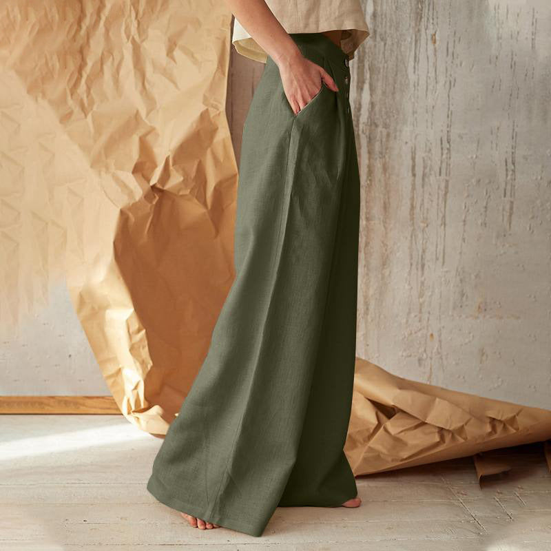 Pantalon décontracté pour femme en mélange coton-lin, coupe ample et jambes larges