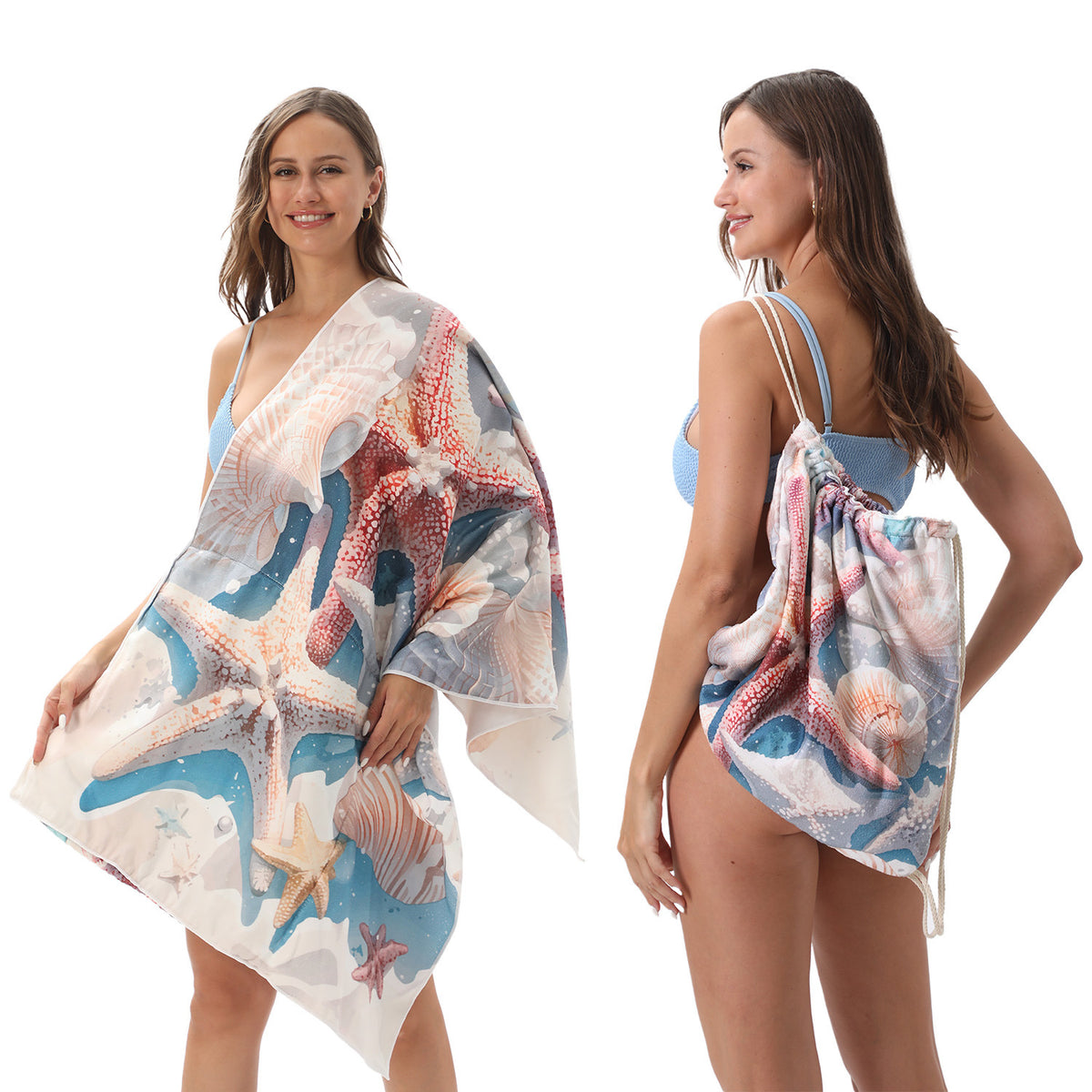 Serviette de plage pliable 2-en-1 et serviette de bain imprimée – Serviette de plage tout-en-un avec sac de rangement
