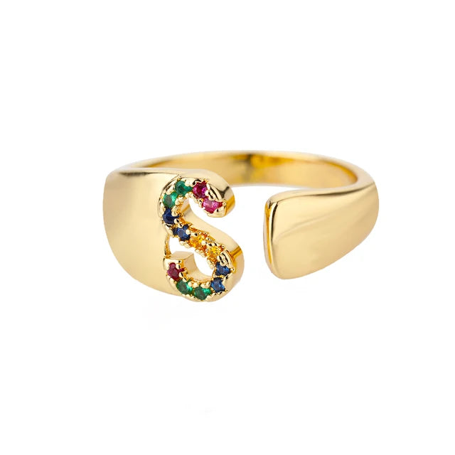 USD 7.92 - Women's Rainbow Zircon Initial Ring, Gold Stainless Steel, Adjustable, Bohemian Style. Couple Ring. Baguette Style Jewelry.