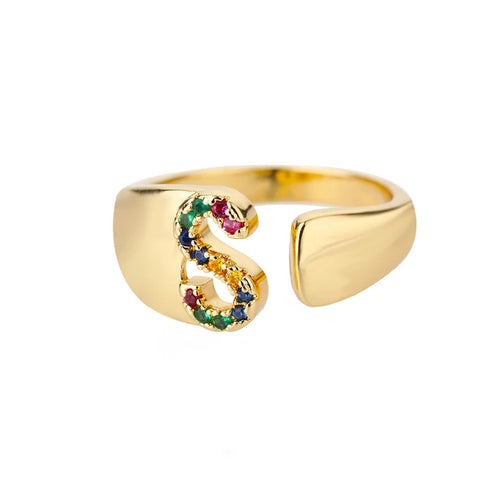 Bague initiale en zircon arc-en-ciel pour femme, en acier inoxydable doré, ajustable, style bohème. Bague de couple. Bijou de style baguette.
