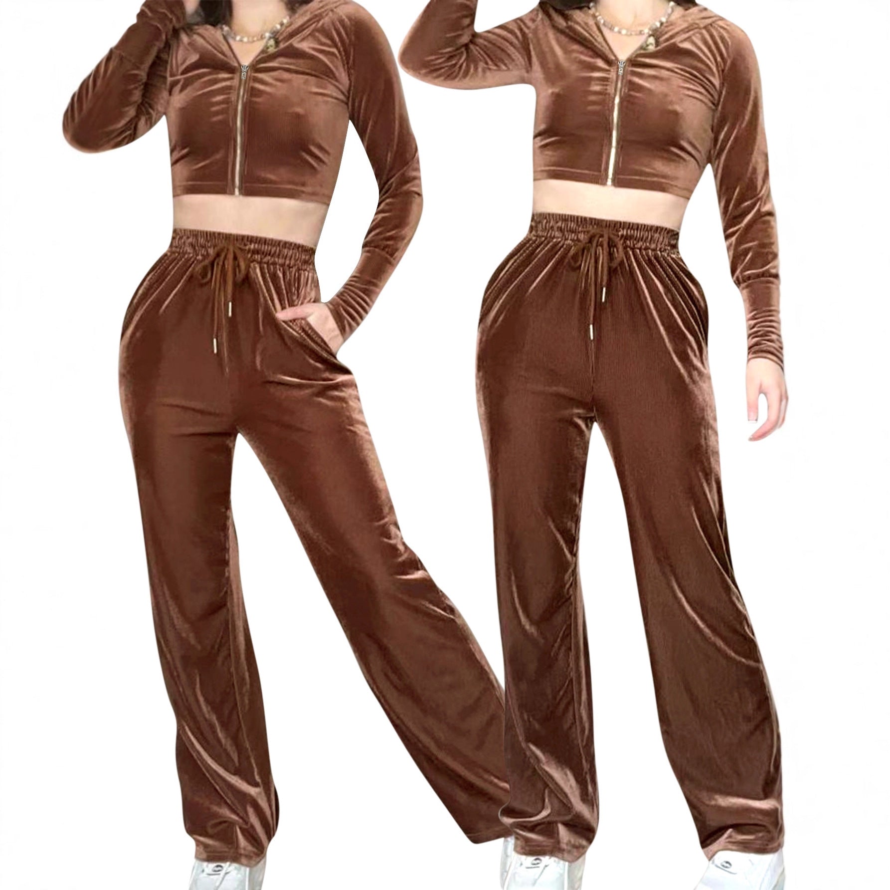 Ensemble deux pièces comprenant un haut à capuche zippé à manches longues avec poches à cordon et un pantalon.
