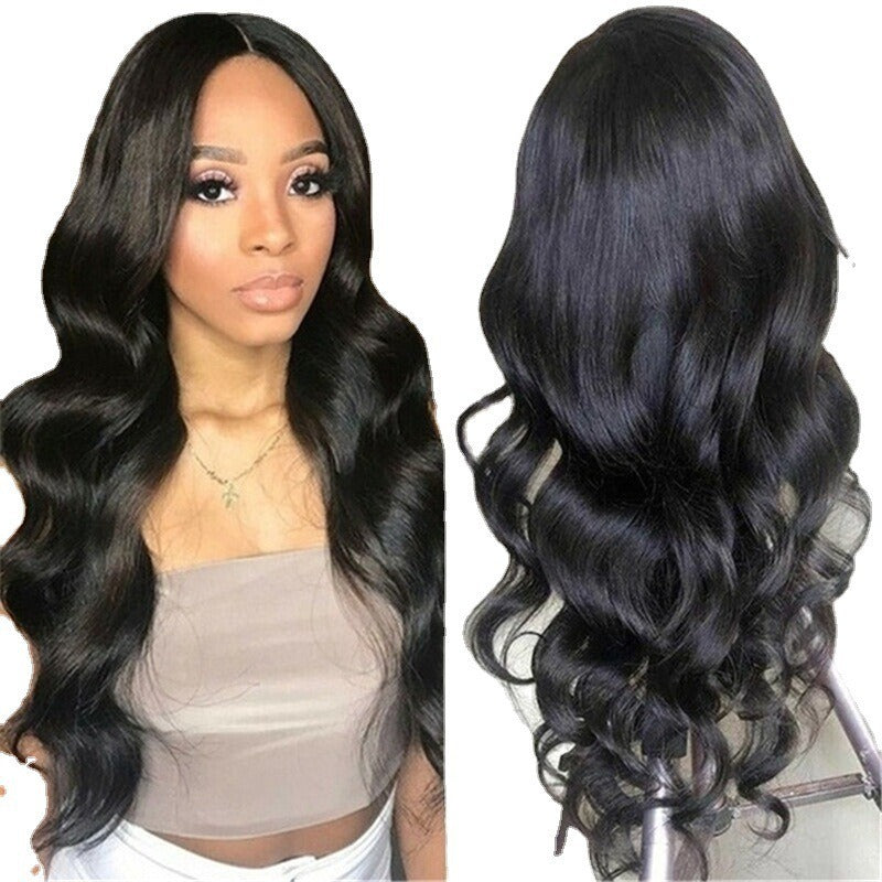 Perruque pour femme style européen/américain : longs cheveux bouclés noirs (type afro) avec raie au milieu et larges ondulations, en fibre synthétique (couverture complète)