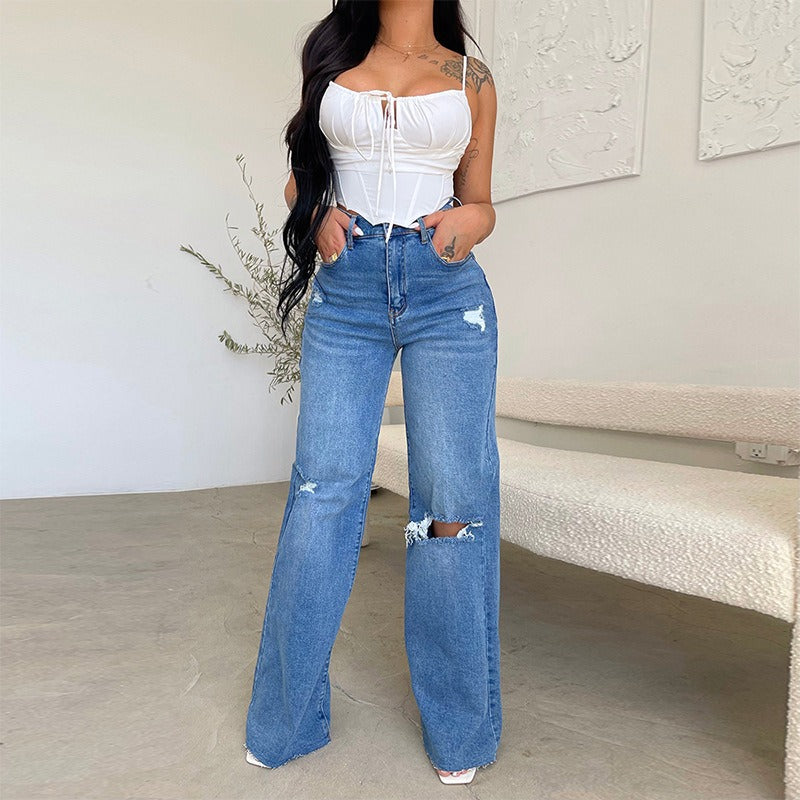 Pantalon femme, jean déchiré, pantalon en denim taille haute, pantalon en denim à jambes larges, vêtements en denim bleu, jean vintage, mode décontractée, pantalon droit