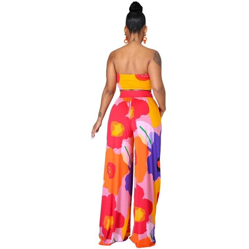 Vêtements pour Femmes Robe Longue Imprimée Florale Nouveau Haut Tube Élégant Décontracté Pantalon Col V Ensemble 2 Pièces Femme