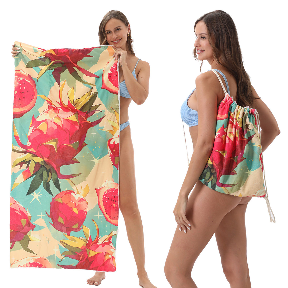 Serviette de plage pliable 2-en-1 et serviette de bain imprimée – Serviette de plage tout-en-un avec sac de rangement