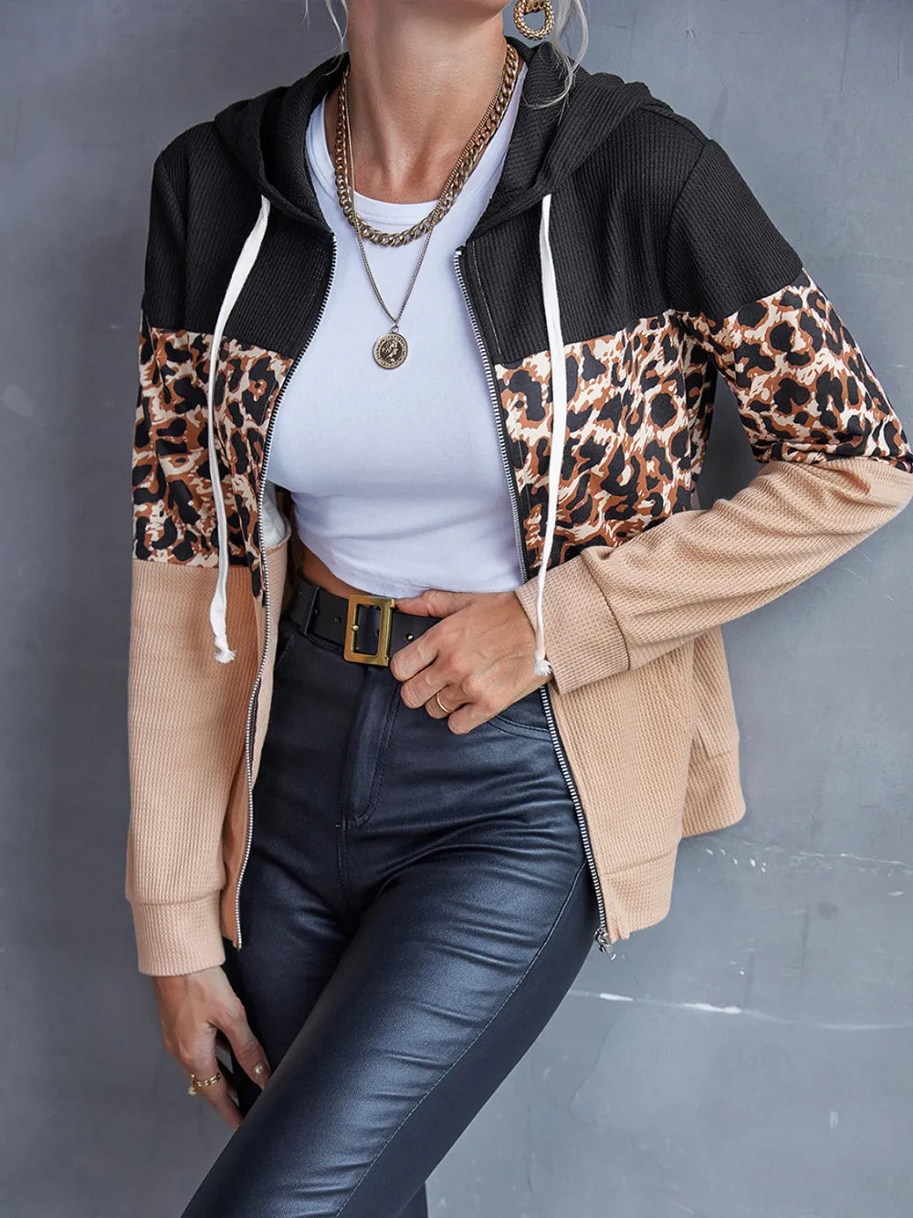 Leopard print zipped hoodie with drawstring
