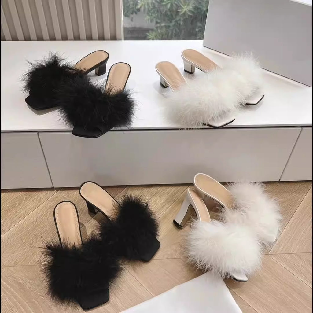 102.44 USD chaussons à talons hauts en fourrure et poil de chameau, bout ouvert, talon épais, demi-chaussons en fourrure