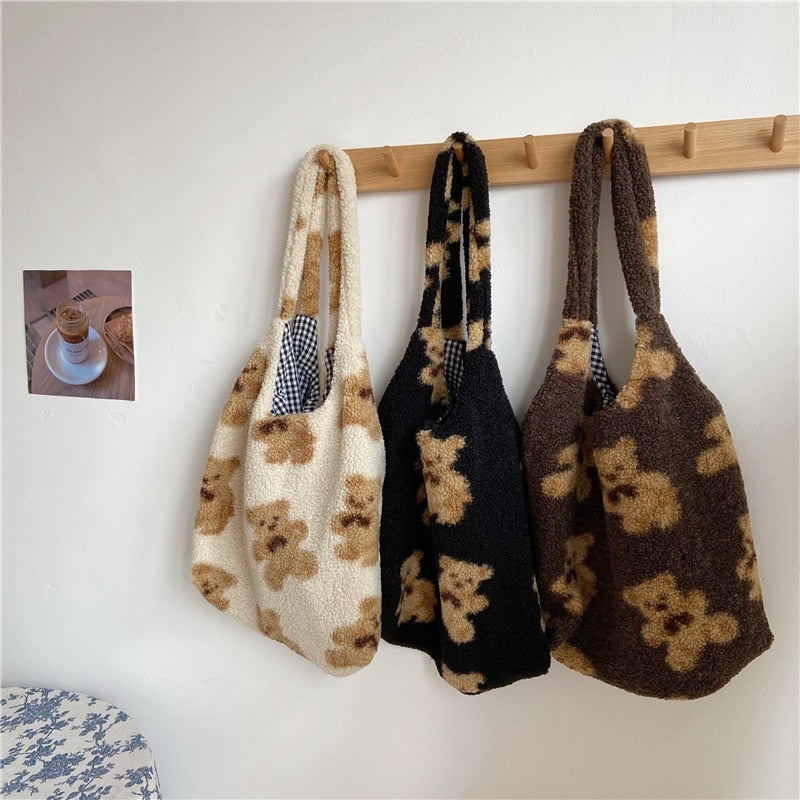 $17.71 - Women's lambskin-look tote bag, soft and fluffy canvas, teddy bear style, large capacity, soft, ideal for shopping or school. Cute school bag for girls.
