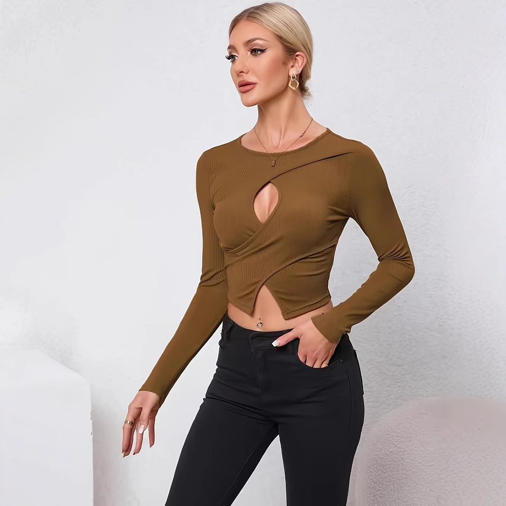 Women's Sexy Fitted Long Sleeve Round Neck Crop Top, Versatile Solid Color Knit.