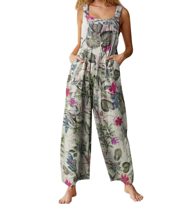 Combinaison en coton-lin décontractée pour femme – Sans manches, coupe ample, jambes larges, grandes tailles, style salopette longue et ample avec poches