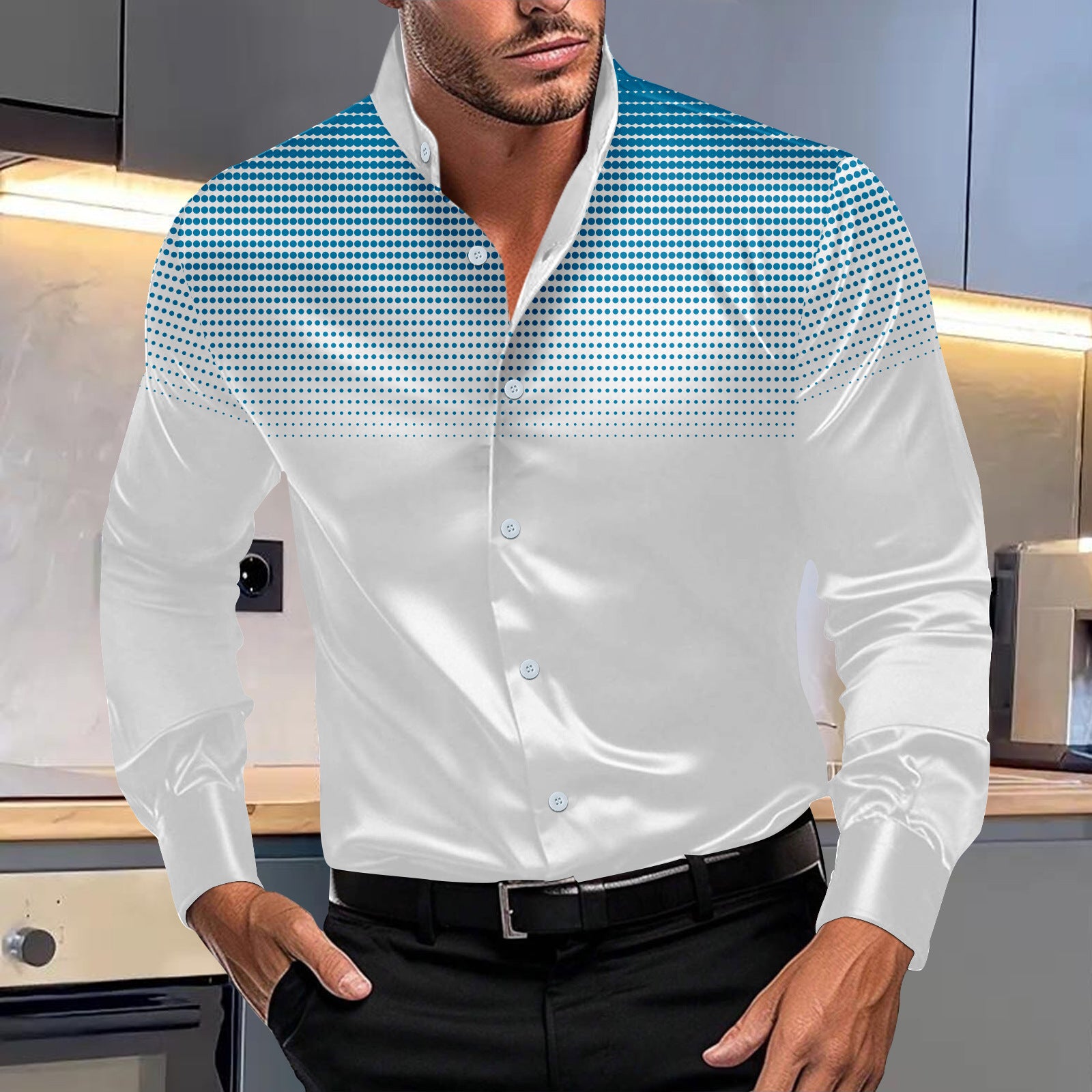 33.76 USD Chemise décontractée pour homme à col montant et manches longues, imprimée de pois ronds sur toutes les faces.