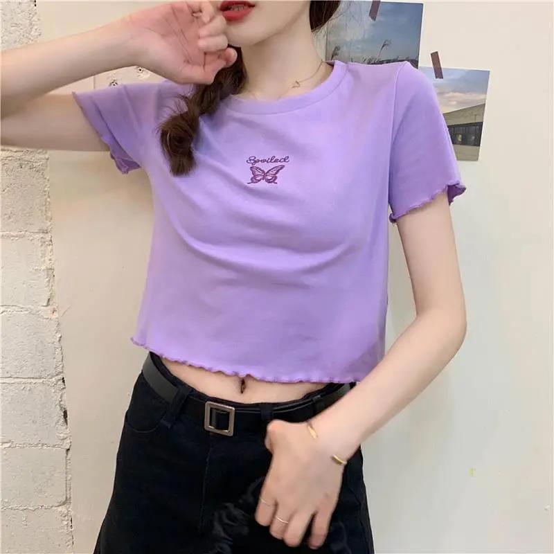 High Waist Crop Top Women's Slim Fit Stretchy Versatile Butterfly Embroidery Short Sleeve T-Shirt