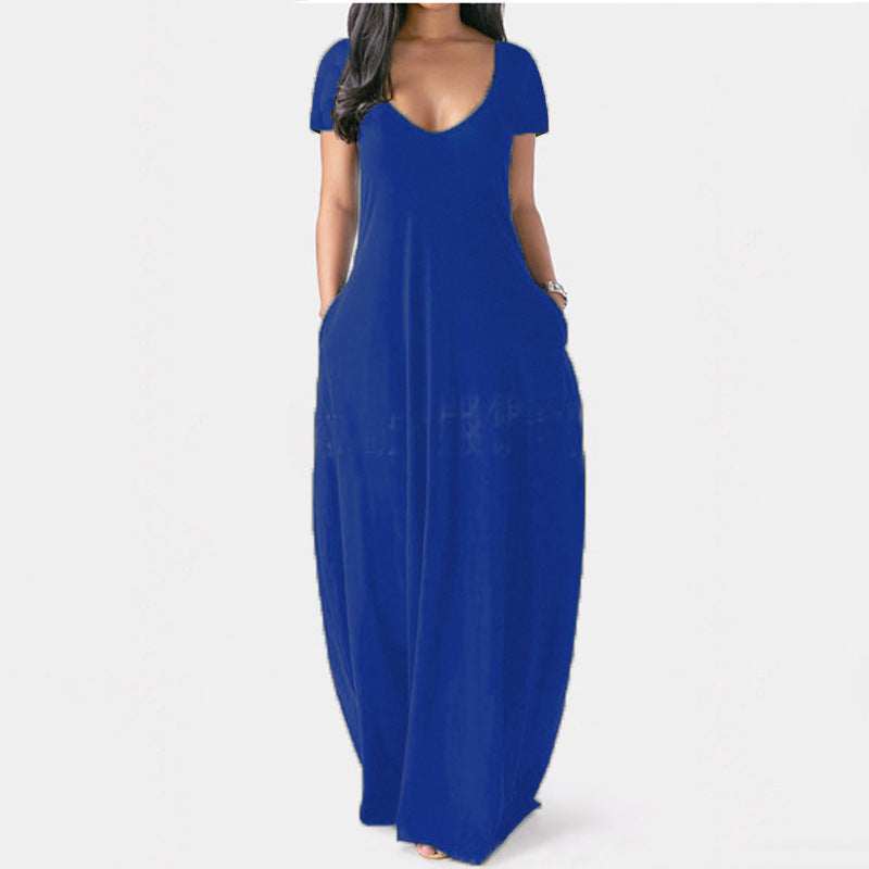 Robe d'été grande taille unie pour femme, sexy, décolleté plongeant en V, manches courtes, longue
