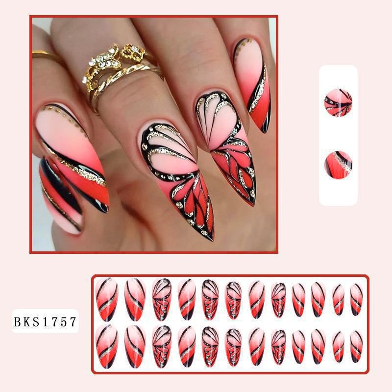Almond manicure, natural look, trendy style, medium-length nails, patch effect.