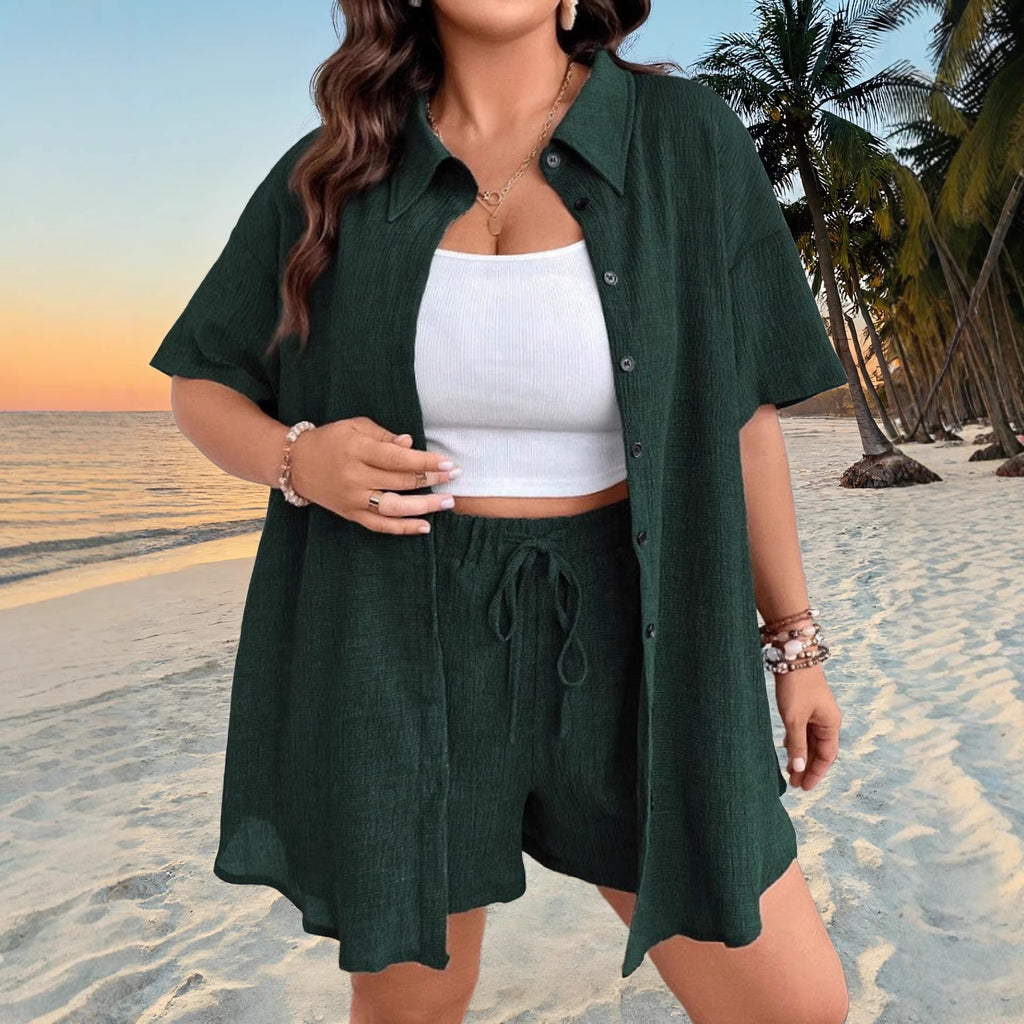 Ensemble cardigan et short boutonné, couleur unie, style vacances, pour femme, grandes tailles.