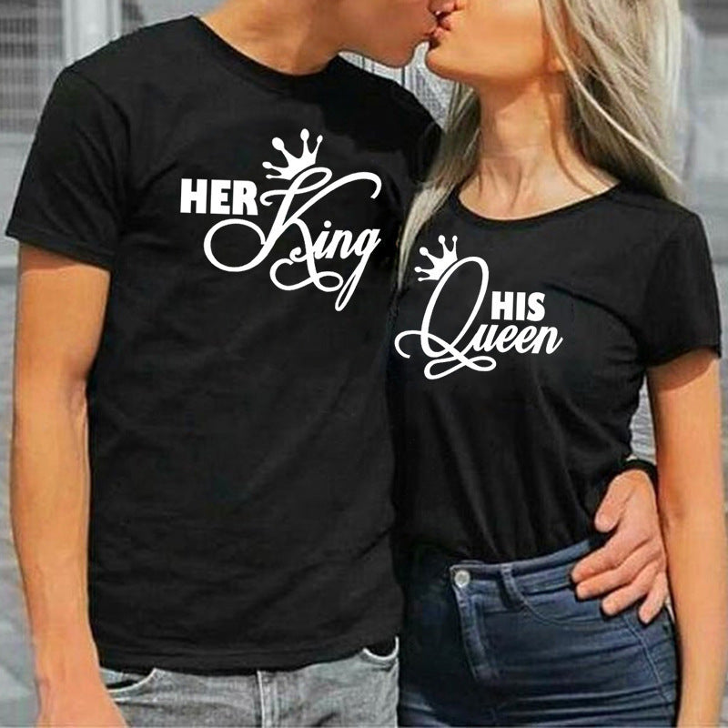 17.46 USD T-shirts à manches courtes pour couples, imprimé couronne roi/reine, style décontracté