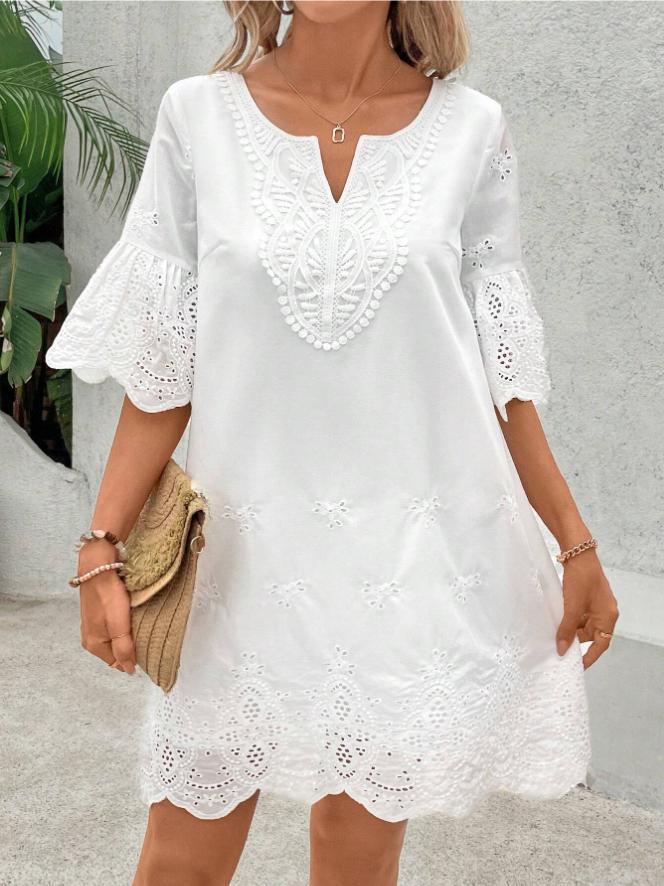 Robe femme unie à manches cinq-quarts et broderie ajourée