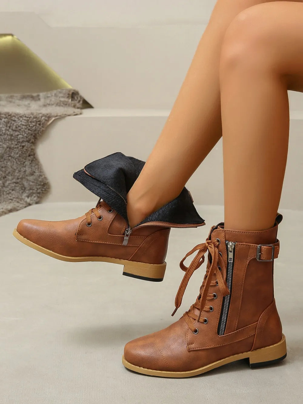 Lace-up PU leather boots
