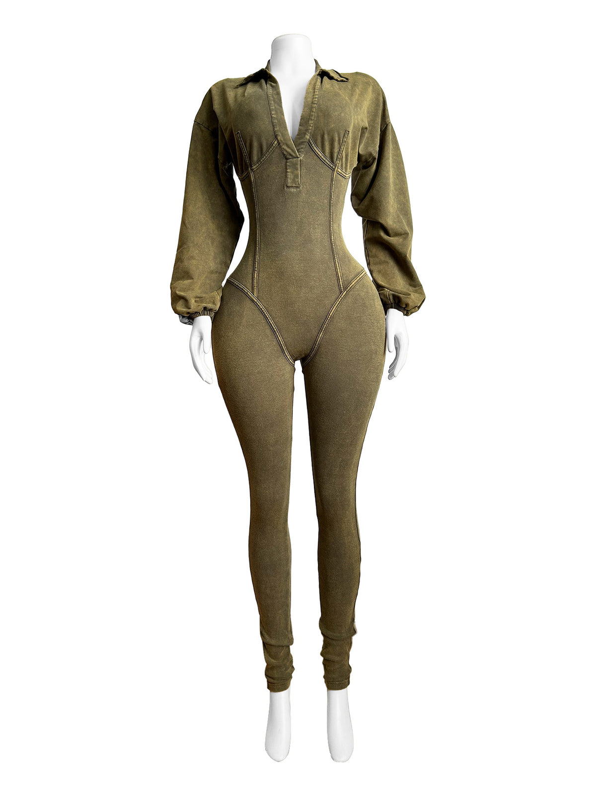 Combinaison tendance pour femme, style sexy à col en V profond, manches longues et effet délavé/vieilli, idéale pour l'automne et l'hiver.