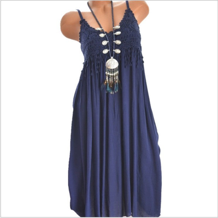 $27.14 - Women's Sexy Solid Lace Patchwork Spaghetti Strap Midi Dress