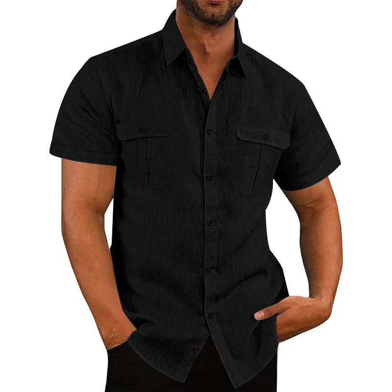 Chemise décontractée en lin à manches courtes pour homme, couleur unie, poche plaquée, ouverture boutonnée, coupe ample, col rabattu
