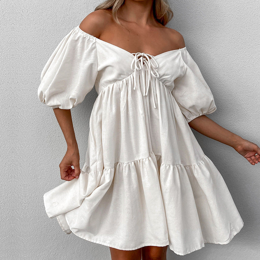Casual Khaki Linen Dress with Design Sense Belted V-Neck Short Sleeve A-Line Dress for Women
