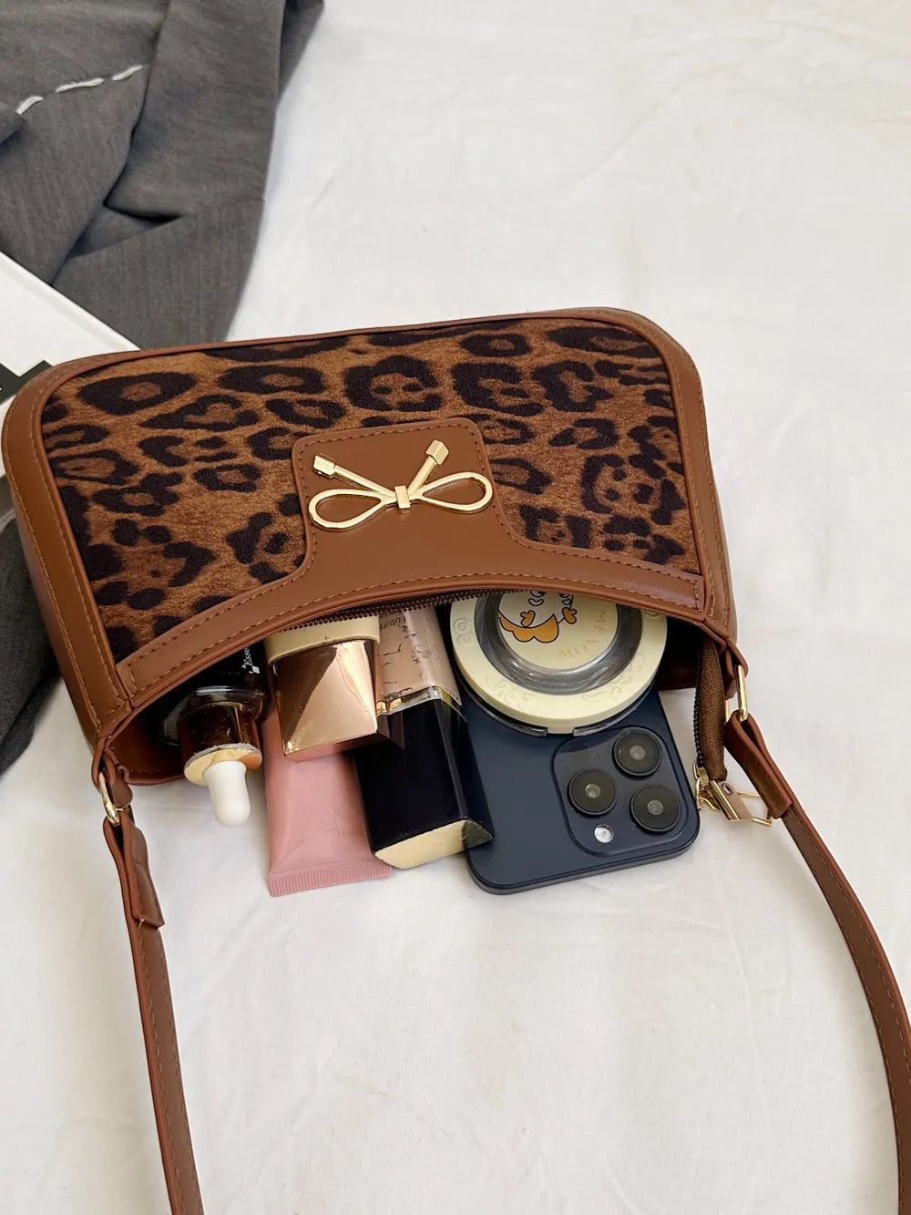 Leopard PU Leather Bow Handbag